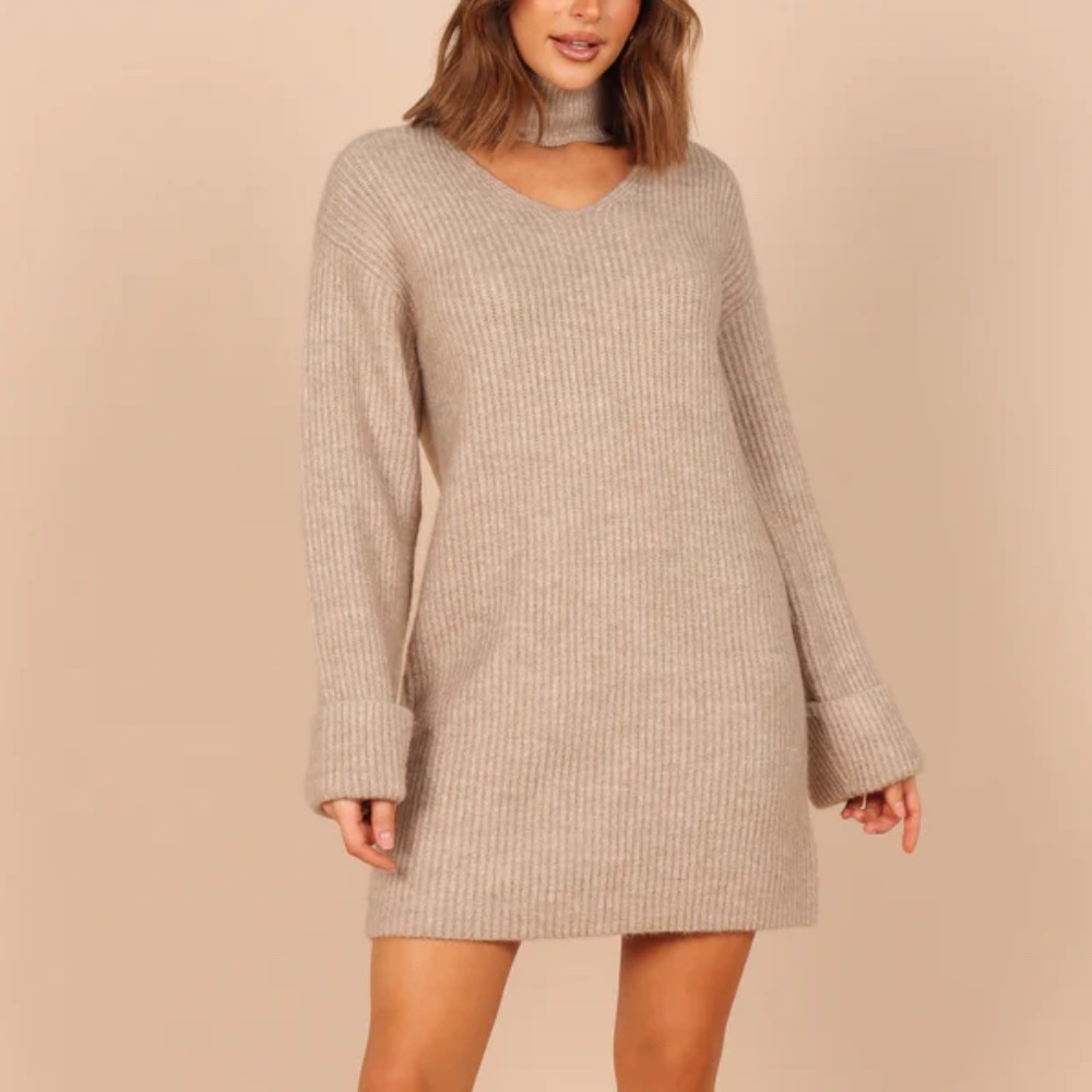 COSETTE HIGH NECK MINI KNIT DRESS - TAUPE petal and pup cutout